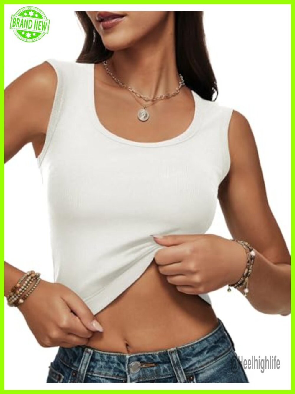 Wide Strap Ribbed Cropped Tank Top Stretchy Fitted Scoop Neck Sleeveless